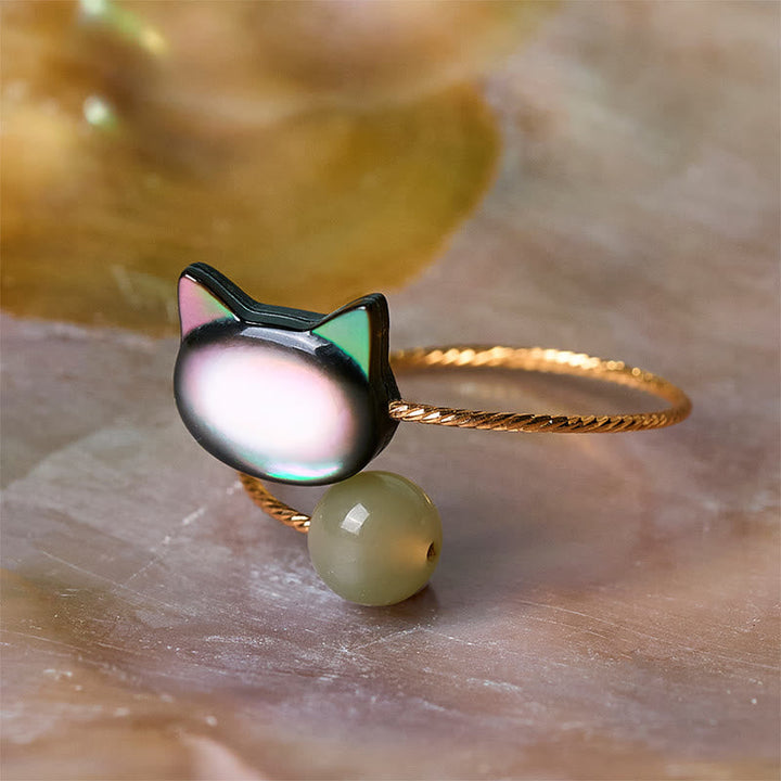 Ring Schwarze Tridacna Jade Katze goldenes Drehband Glück Segen Feng Shui