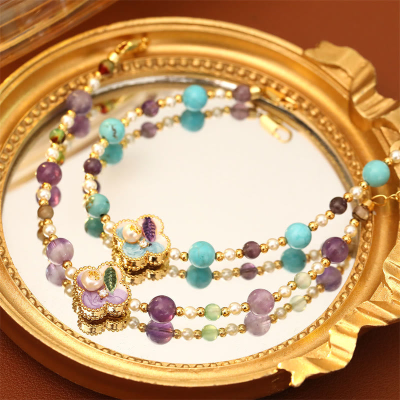 Armband Türkis Kupfer Blume Glück mit Amethyst Perlen Spiegel