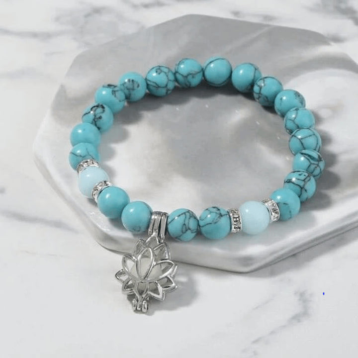 Armband Türkis Lotus Schutz Energie Perlen Silber Anhänger Marmor