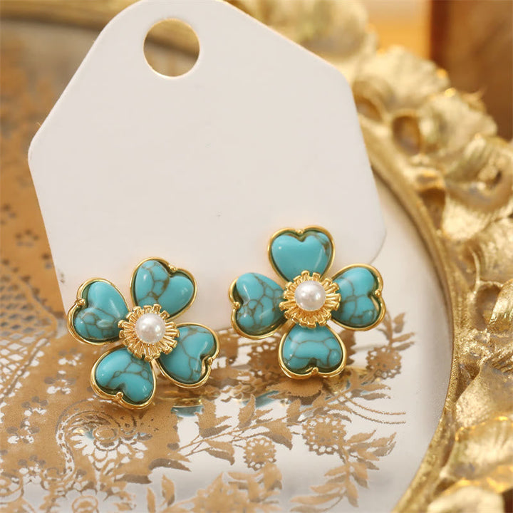 Ohrringe Türkis Herz Blume Gold Perle Boho Schmuck spirituell
