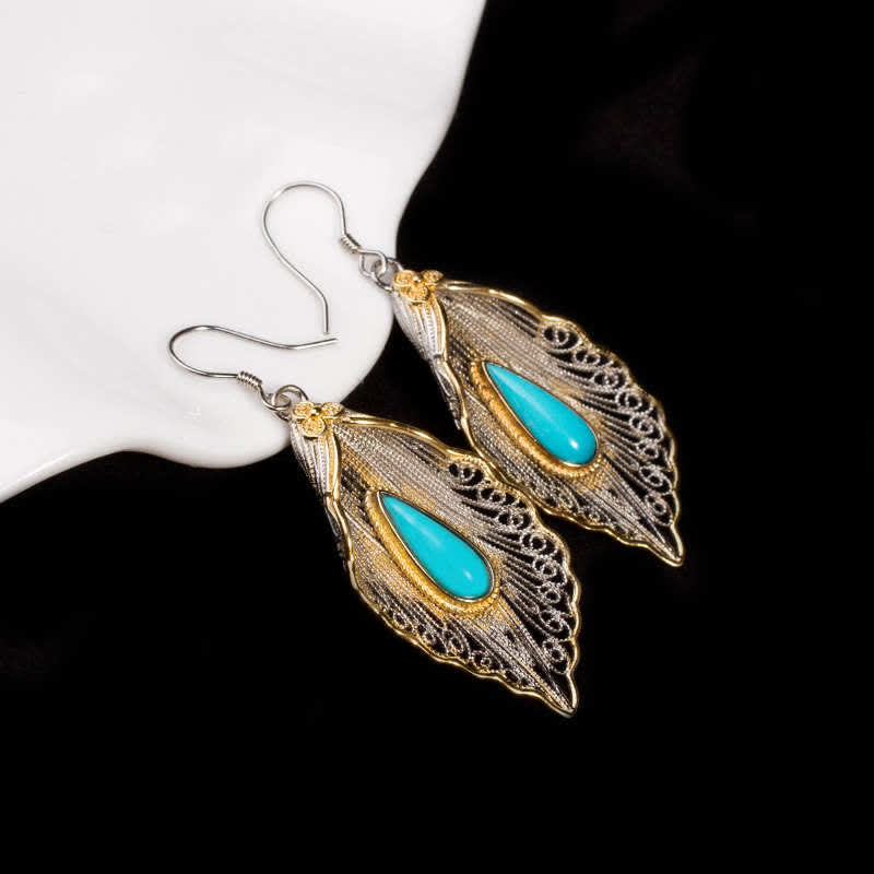 Ohrringe Silber Türkis Bodhi-Blatt Schutz filigran Boho Schmuck spirituell