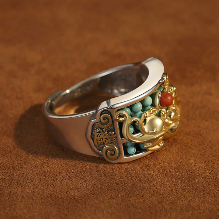 Pixiu Ring 925 Silber Türkis Roter Achat Schutz Glück Fengshui