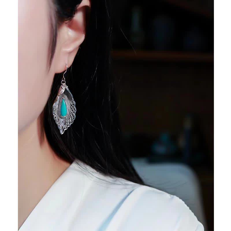 Ohrringe Silber Türkis Bodhi-Blatt Schutz getragen Boho Schmuck spirituell