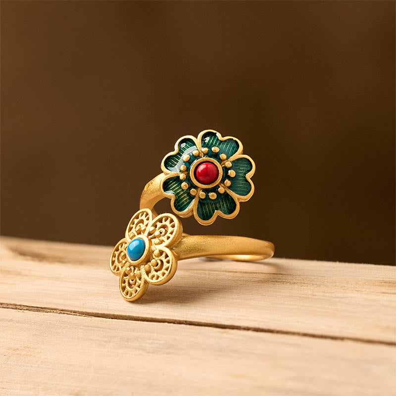 Verstellbarer Ring Kupfer Türkis Doppelblüte Wohlstand Blume Fengshui Glück