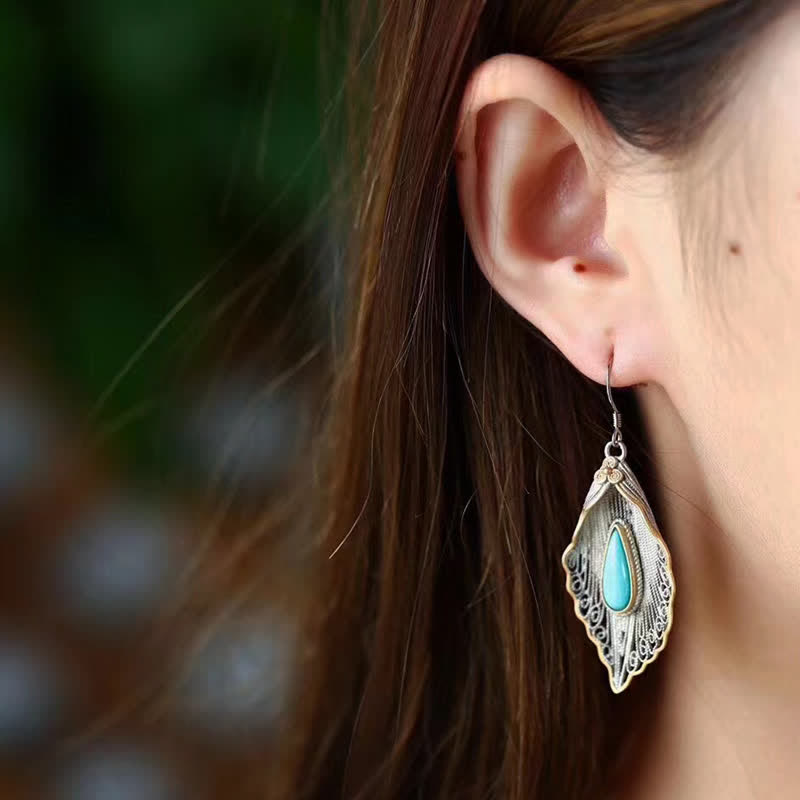 Ohrringe Silber Türkis Bodhi-Blatt Schutz getragen Boho Schmuck spirituell Ohrhänger