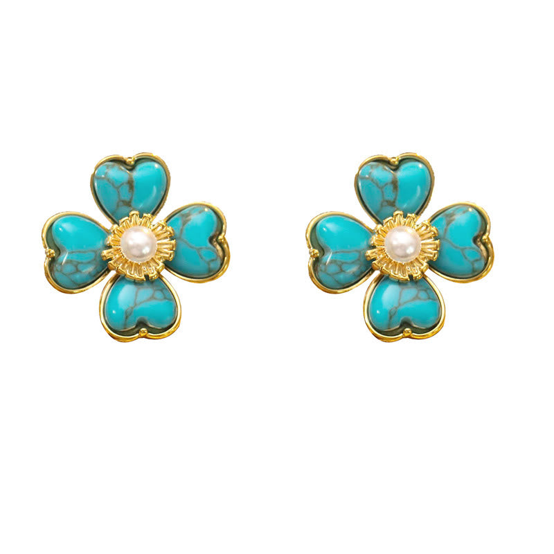 Ohrringe Türkis Herz Blume Gold Perle Boho Schmuck spirituell