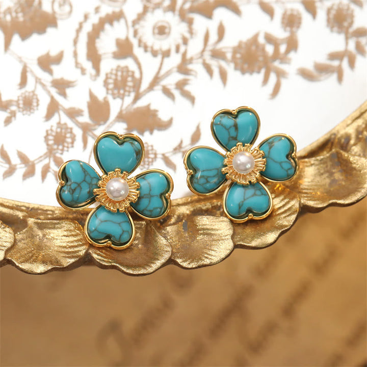 Ohrringe Türkis Herz Blume Gold Perle Boho Schmuck spirituell Ohrstecker