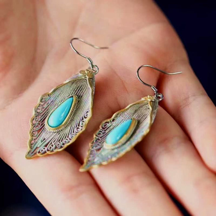 Ohrringe Silber Türkis Bodhi-Blatt Schutz getragen Hand Boho Schmuck spirituell