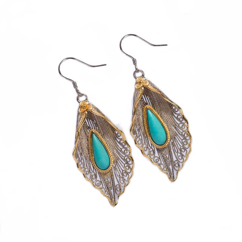 Ohrringe Silber Türkis Bodhi-Blatt – Schutz filigran Boho Schmuck spirituell