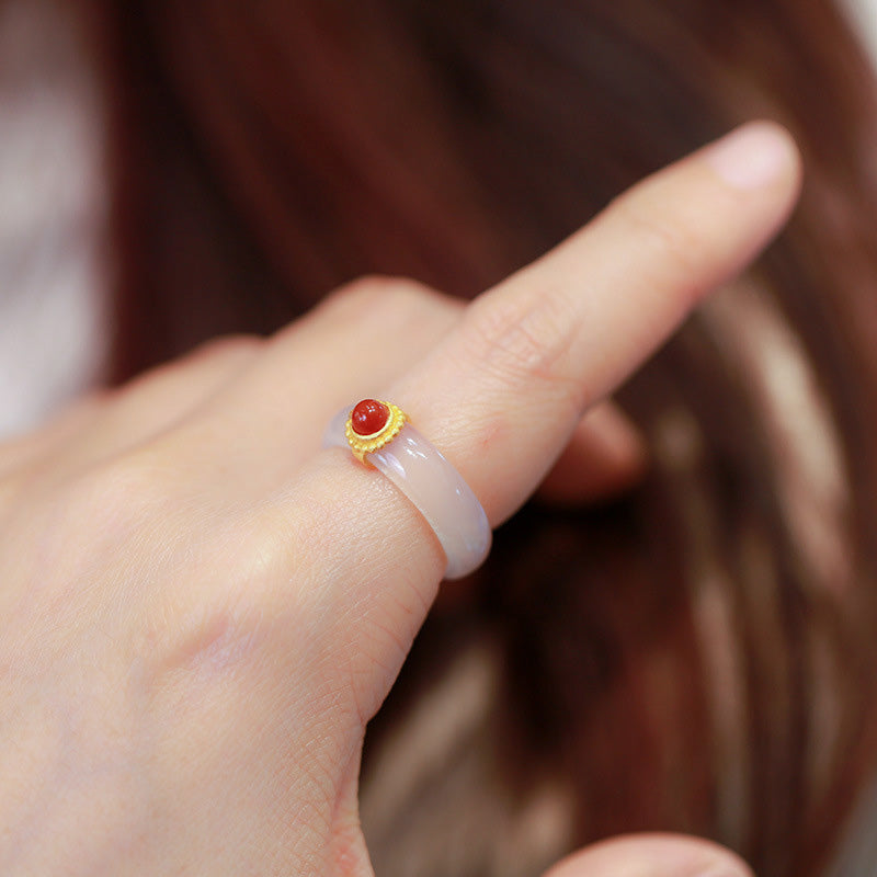 Jade Achat Ring mit Rubin Stein – Glück und Schutz Fengshui
