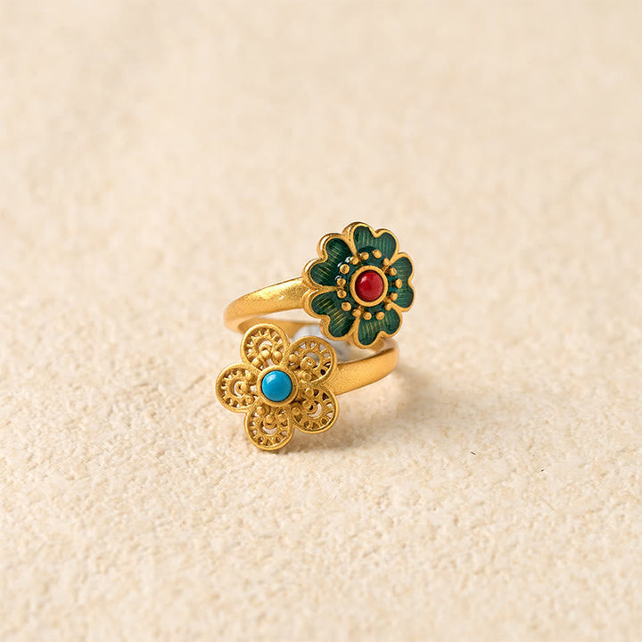 Ring Kupfer Türkis Doppelblüte Wohlstand Glück Schutz Schmuck elegant