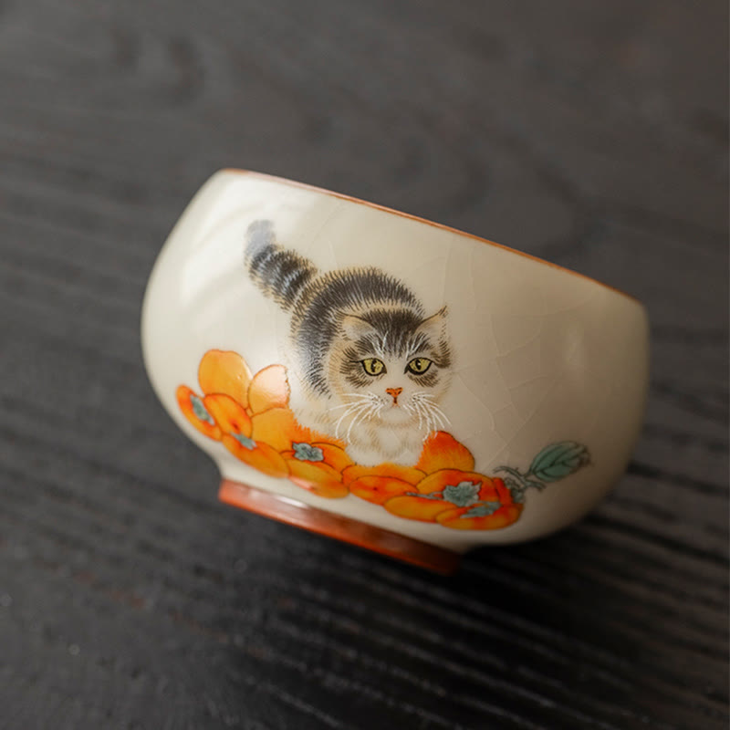 Vintage Teetasse Katze Kaki Keramik Gaiwan