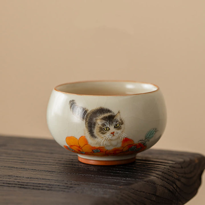 Vintage Teetasse Katze Kaki Keramik Porzellan