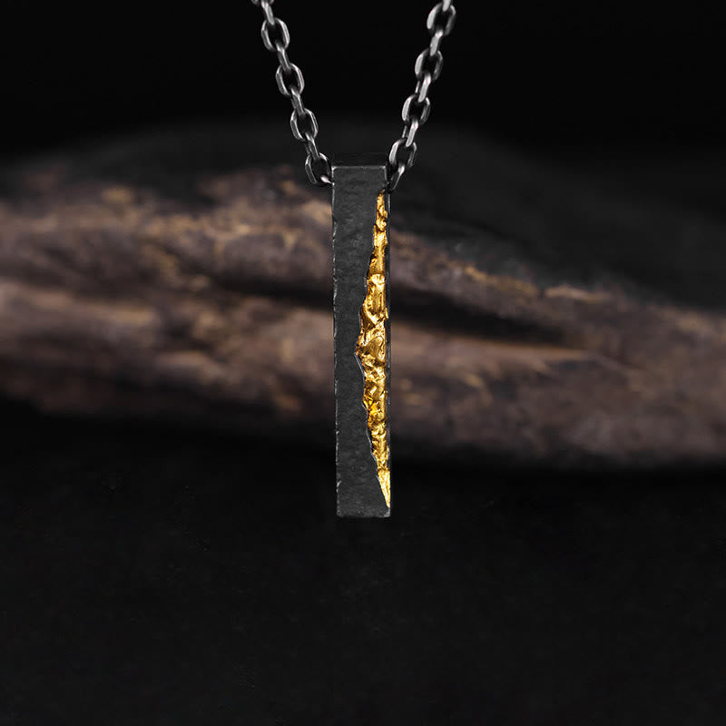 Schwarze Obsidian Kette Sterlingsilber mit goldenem Inlay Anhänger Weisheit