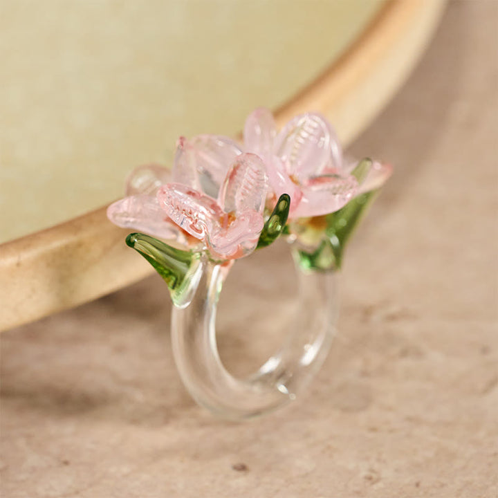 Liuli Ring Birnblüte Weisheit mit rosa Blüten und grünem Jadestein