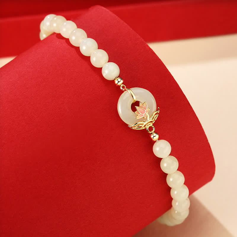 Armband 925 Silber Weiße Jade Lotus Frieden Harmonie auf rotem Hintergrund