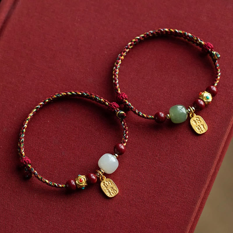 Armband Weiße Jade Cyan Jade Glück Wohlstand geflochten rote Schnur Goldanhänger