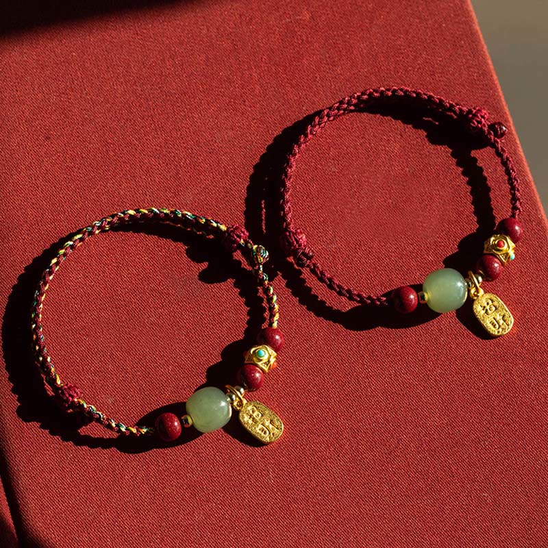 Armband Weiße Jade Cyan Jade Glück Wohlstand handgeknüpft rotes Band Goldanhänger