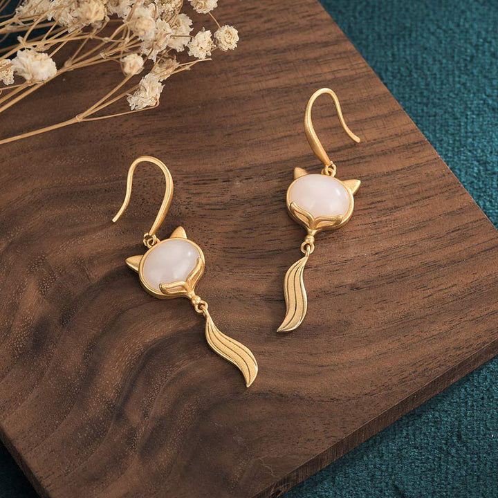 Ohrringe Weiße Jade Fuchs Kupfer Boho Schmuck spirituell Ohrhänger Holz