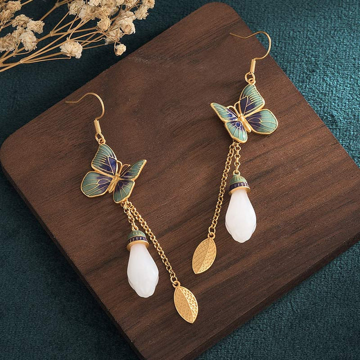 Ohrringe Weiße Jade Kupfer – Glück Schmetterling Blatt Boho Schmuck spirituell Ohrhänger