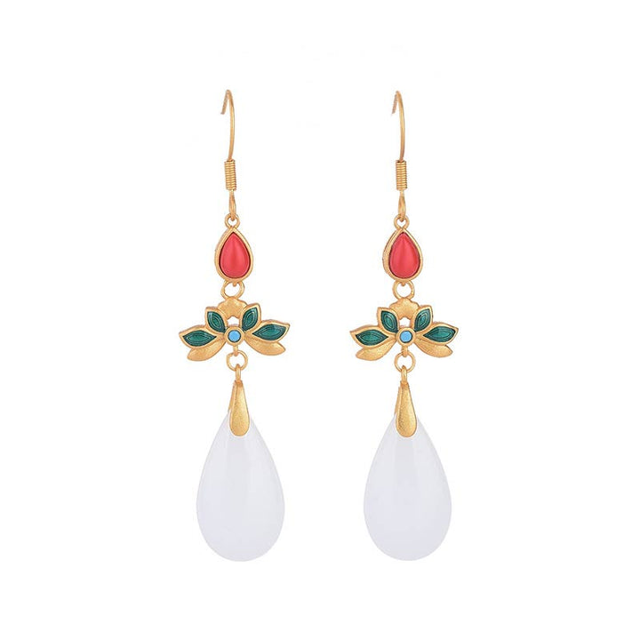 Ohrringe Weiße Jade Glück Tropfen Lotus Gold Boho Schmuck spirituell