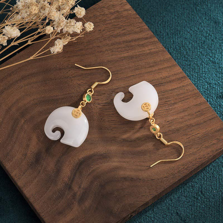 Ohrringe Weiße Jade Elefant – Glück Gold Boho Schmuck spirituell Ohrhänger