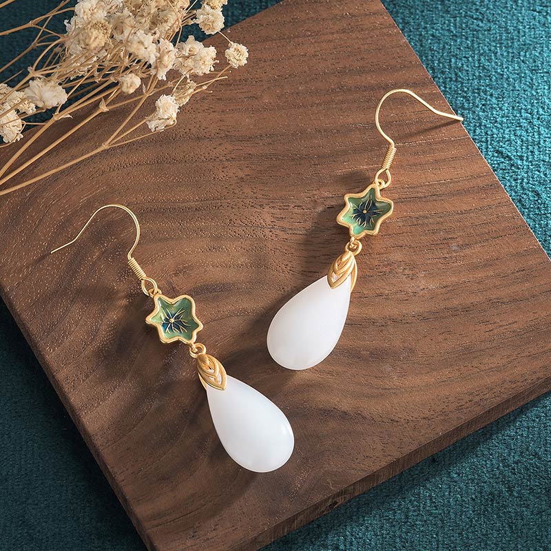 Ohrringe Weiße Jade Glück Tropfen Gold Emaille Blume Boho Schmuck spirituell
