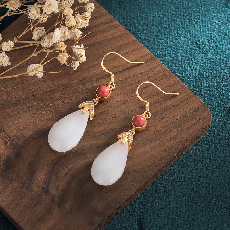 Ohrringe Weiße Jade Glück Tropfen Gold Boho Schmuck spirituell Ohrhänger