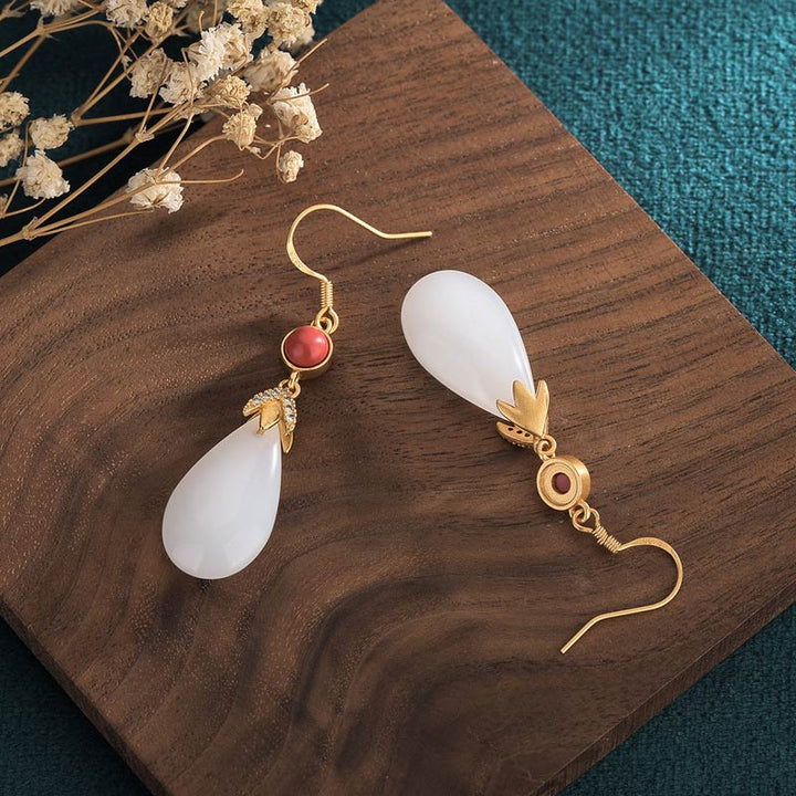 Ohrringe Weiße Jade Glück Tropfen Gold roter Stein Boho Schmuck