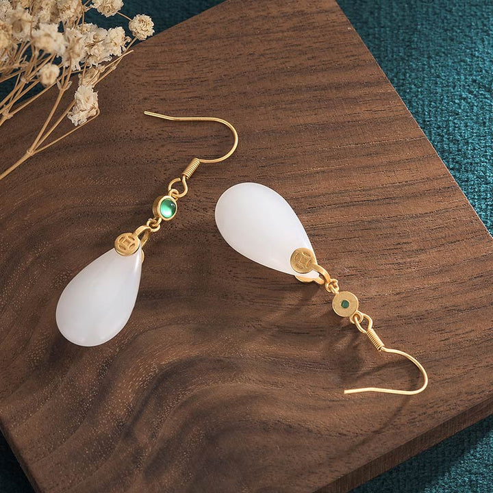 Ohrringe Weiße Jade – Glück Tropfen Gold Boho Schmuck spirituell Ohrhänger