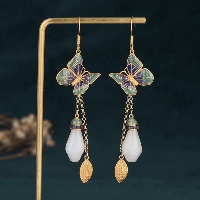 Ohrringe Weiße Jade Kupfer – Glück Schmetterling Boho Schmuck spirituell Ohrhänger