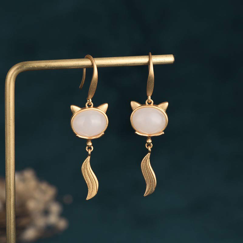 Ohrringe Weiße Jade Fuchs Kupfer hängend Boho Schmuck spirituell elegant