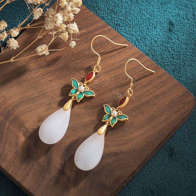 Ohrringe Weiße Jade Glück Tropfen Gold Blume Boho Schmuck spirituell