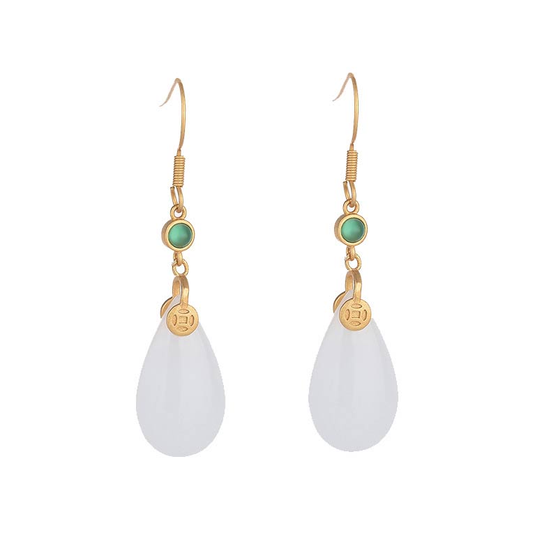 Ohrringe Weiße Jade Glück Tropfen Gold grüner Stein Münze Boho