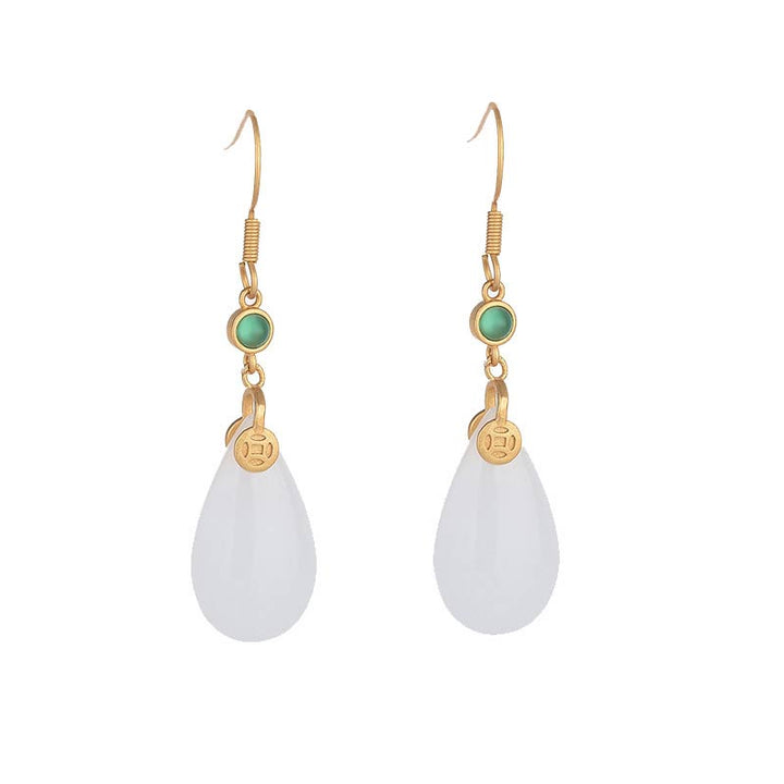 Ohrringe Weiße Jade Glück Tropfen Gold grüner Stein Münze Boho