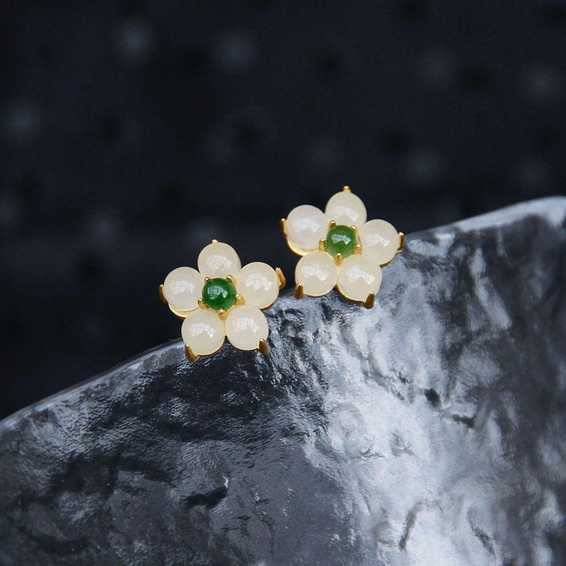 Ohrringe Weiße Jade Blume Gold grüner Stein Boho Schmuck spirituell