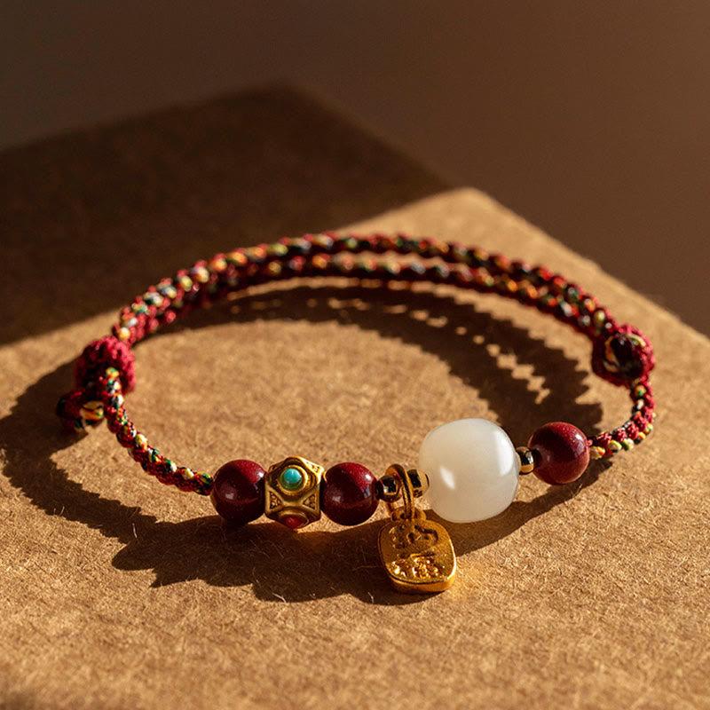 Armband Weiße Jade Cyan Jade Glück Wohlstand geflochten rot goldener Anhänger