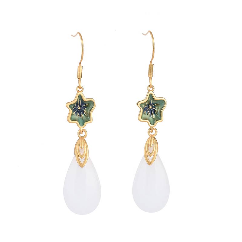 Ohrringe Weiße Jade Glück goldene Haken Emaille Blume Tropfen Boho Schmuck