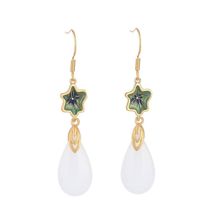 Ohrringe Weiße Jade Glück goldene Haken Emaille Blume Tropfen Boho Schmuck
