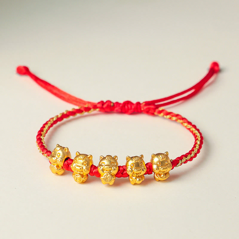Armband 925 Silber Fu-Zeichen Wohlstand rotes geflochtenes Band goldene Tiger