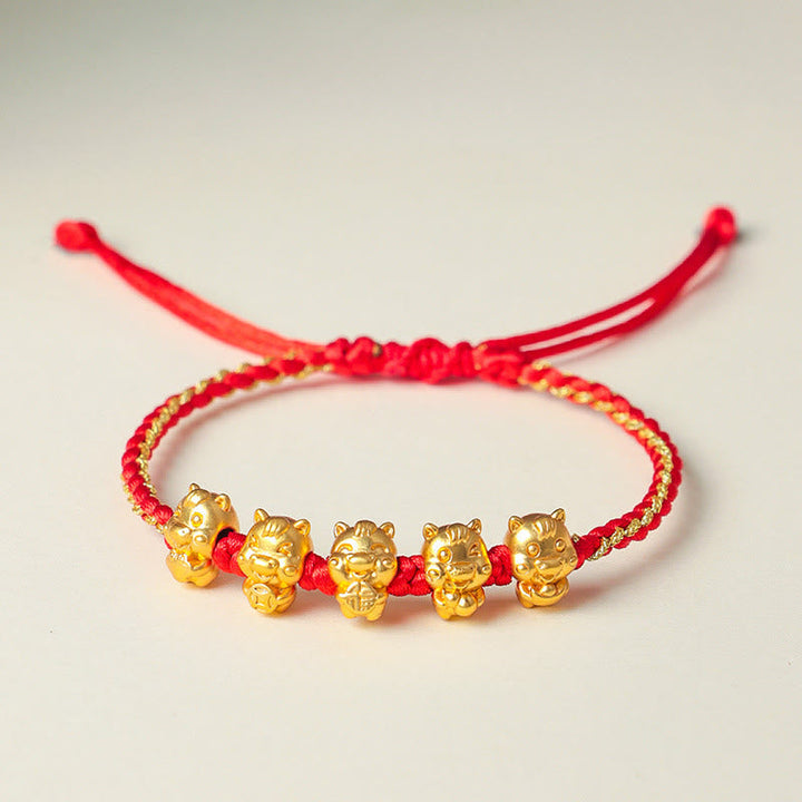 Armband 925 Silber Fu-Zeichen Wohlstand rotes geflochtenes Band goldene Tiger