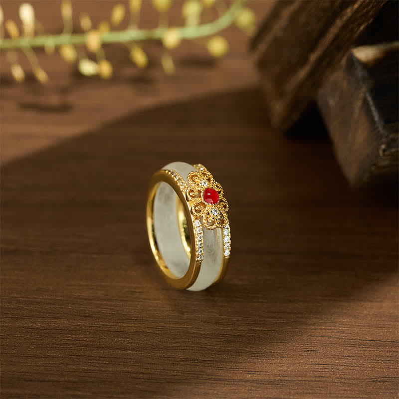 Ring Vergoldetes Kupfer Blume Stein Wohlstand Glück Schutz Fengshui