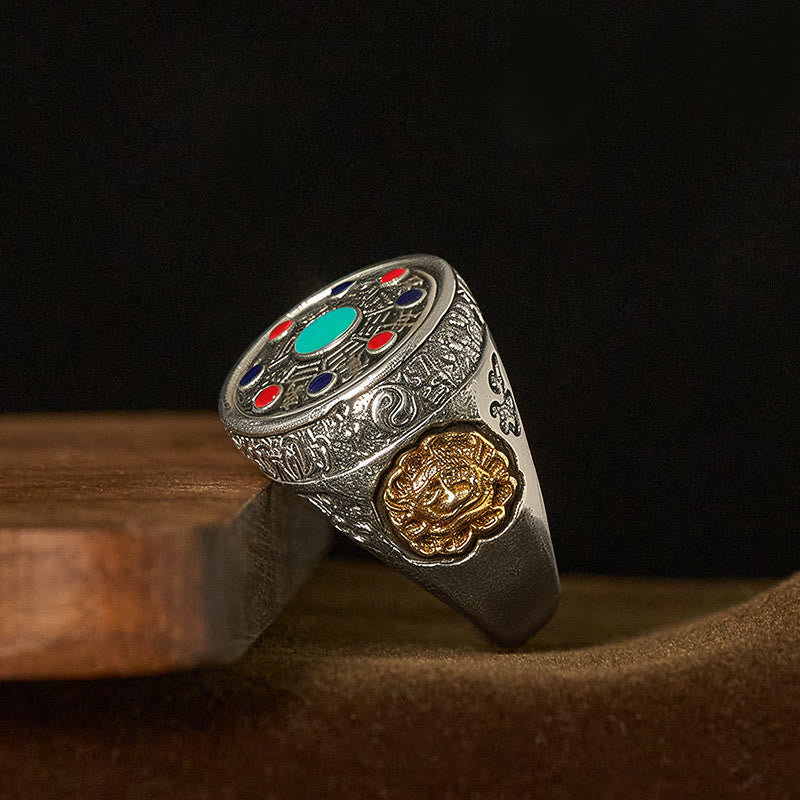 Pixiu Bagua Ring Kupfer Silber Türkis Münze Wohlstand