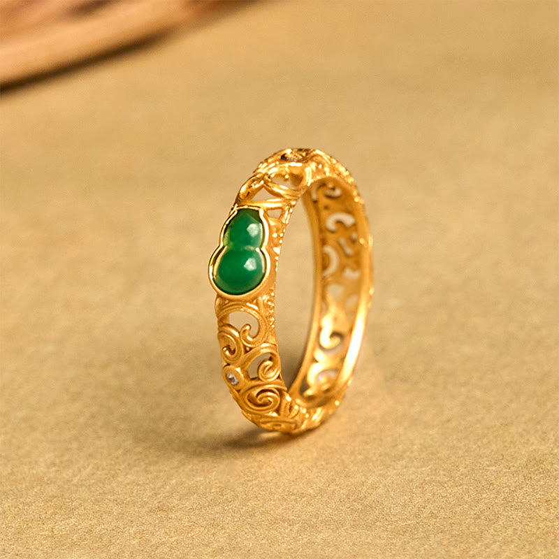 Vintage Kupfer Ring Grüner Chalzedon Kürbis Wohlstand Glück
