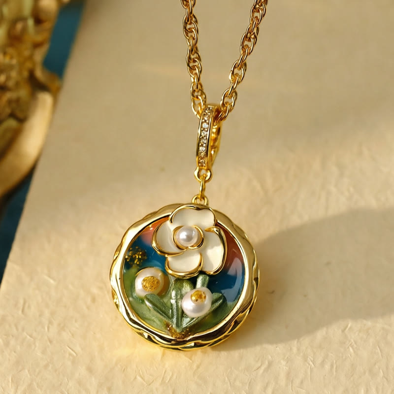 Kupfer Kette Blume Öl Malerei Anhänger weiße Perlen Wohlstand Design