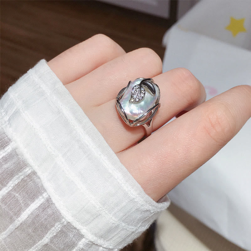 Silber Ring Perle Blüte mit Blättern Feng Shui Glück Wohlstand