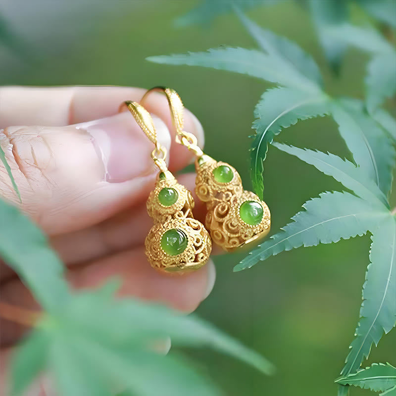 Ohrringe Jade Kupfer Kalebasse Wohlstand goldfarben Boho Ohrhänger spirituell getragen