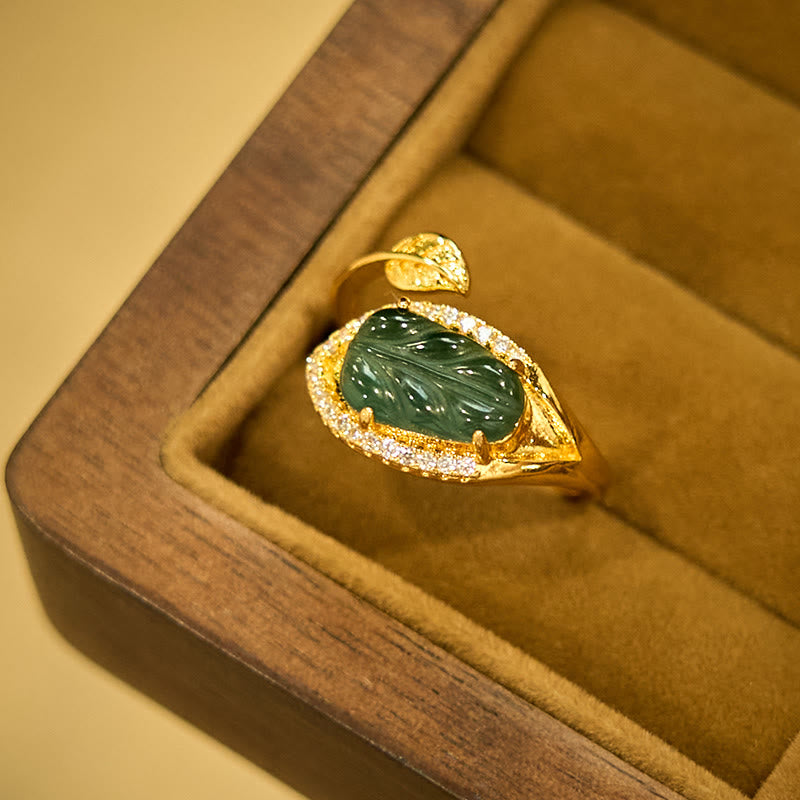 Jade Blatt Ring Kupfer Gold mit Kristallen Wohlstand Glück