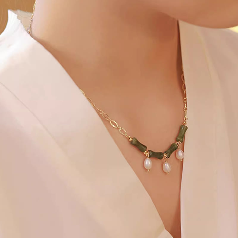 Kette Tianshan Jade Bambus Perle Wohlstand elegante Gold Halskette getragen