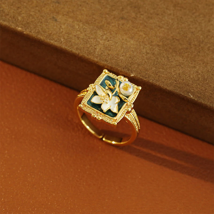 Eleganter Ring Kupfer Perle Lotusblüte Wohlstand Fengshui Schutz Glück